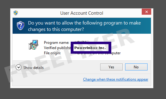 Screenshot where PowerInbox Inc. appears as the verified publisher in the UAC dialog